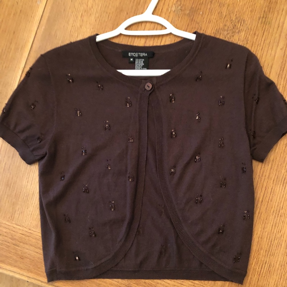 EUC Chocolate Brown shrug with beaded detail